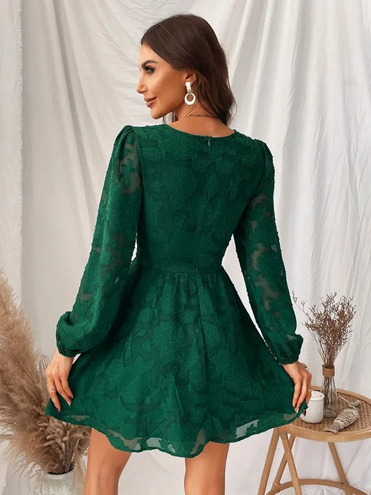 CD | 2024 Rochie mini boho sexy, verde, cu mânecă lungă, decoltată, în stil A-line