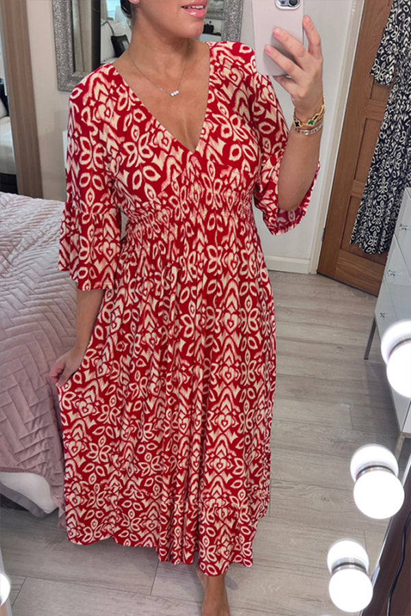 CD | Bohème casual print V-neck waist wrap rochie lungă