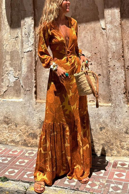 CD | Sunflower imprimare inel decolteu talie mâneci lungi rochie maxi