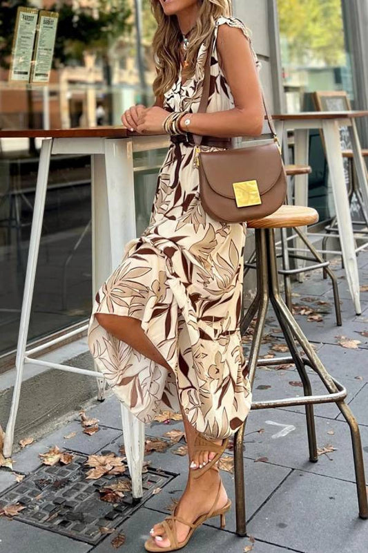 CD | Brown Ruffled V-Neck Leaf Print Rochie lungă