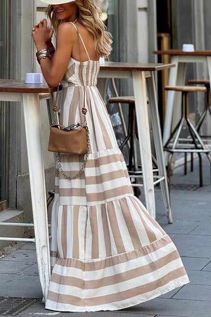 CD | vară dungi imprimare patchwork rochie maxi cu volane fără spate