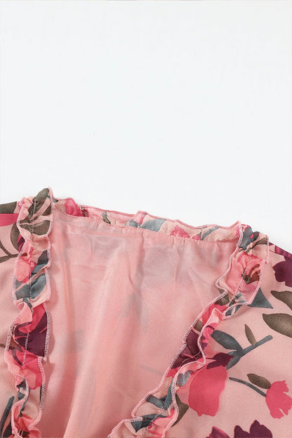 CD | Rochie maxi decoltată cu volane și imprimeu floral roșu pastel