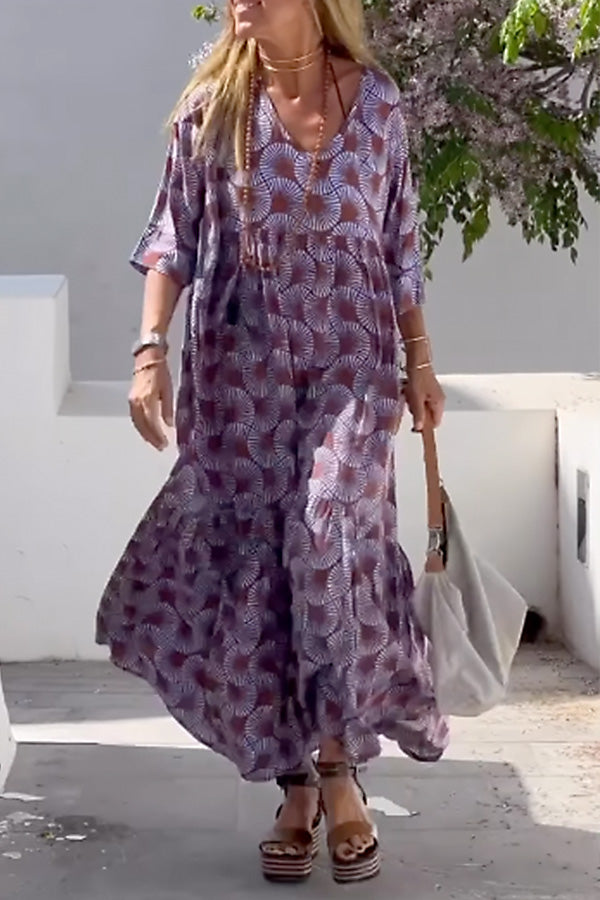 CD | Ibiza Fashion Print Loose V-Neck Long Sleeve Rochie lungă