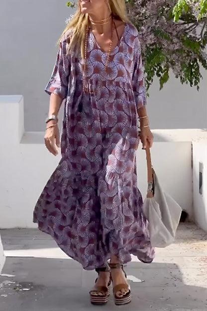 CD | Ibiza Fashion Print Loose V-Neck Long Sleeve Rochie lungă