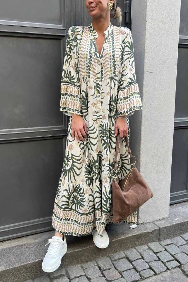CD | Rochie maxi casual cu mâneci trompetă și imprimeu etnic