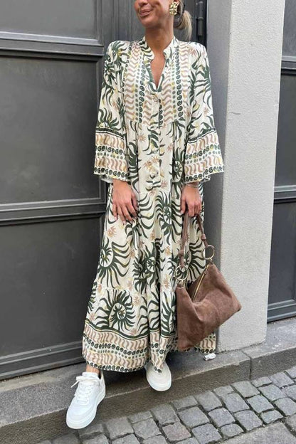 CD | Rochie maxi casual cu mâneci trompetă și imprimeu etnic