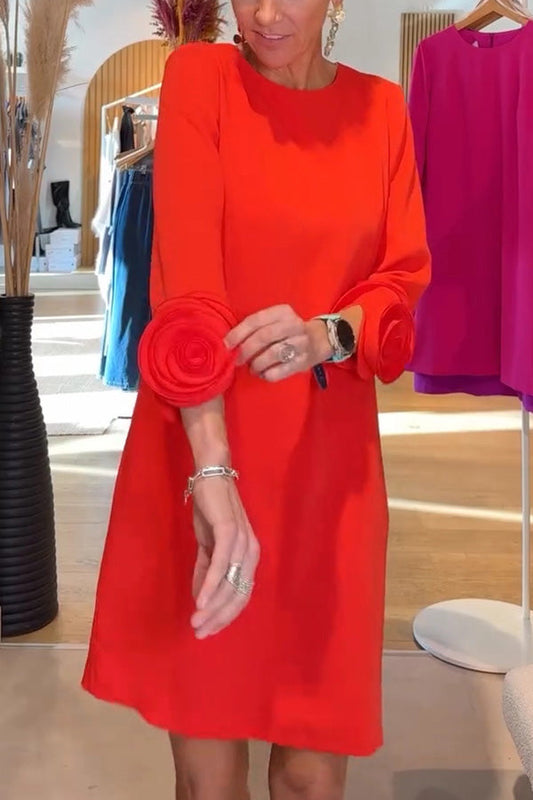 CD | Meina Floare decorat manșete rotund gât buzunar Casual Mini rochie