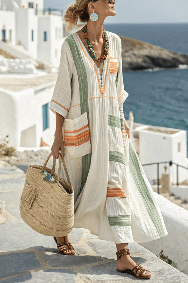 CD | Striped print V-neck Casual rochie maxi cu buzunar