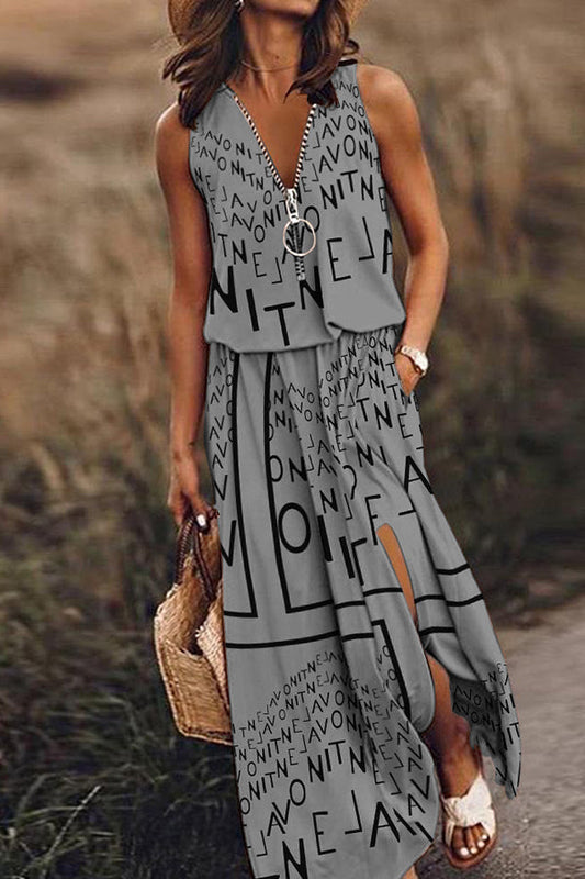 CD | Fără mâneci rochie lungă casual femei talie fermoar scrisoare rochie