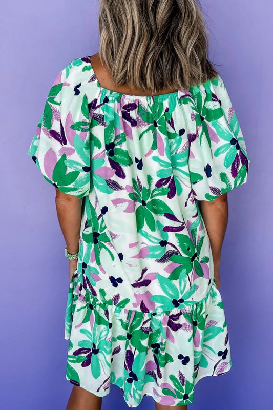 CD | Floral Print Gathered pătrat decolteu Loose-fit rochie mini