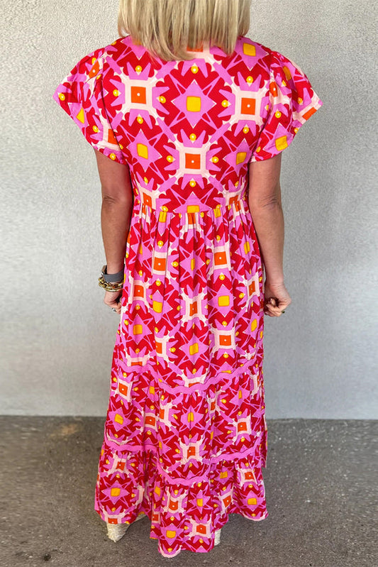 CD | Strawberry Pink Rochie maxi plisată cu mâneci bufante, cu imprimeu abstract