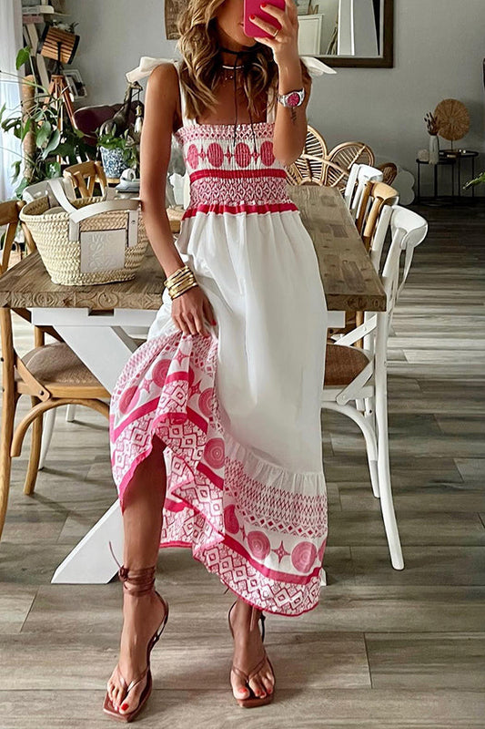 CD | Malibu Villa Rochie maxi imprimată etnic cu umeri smocked