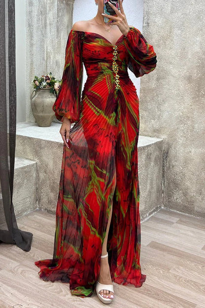CD | Sunset Serenade Rochie maxi imprimată cu diamante fără umeri, cu pliuri și crăpătură