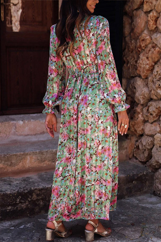 CD | Verde florale imprimare Deep V-neck Gathered rochie maxi cu talie cinched