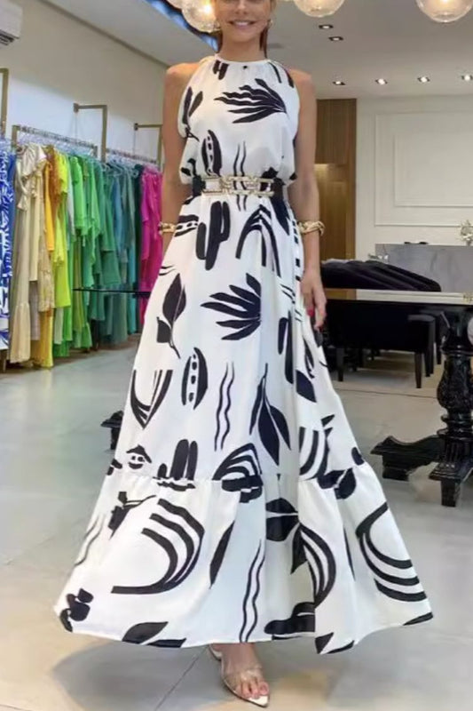 CD | Decolteu rotund Rochie maxi imprimată fără mâneci