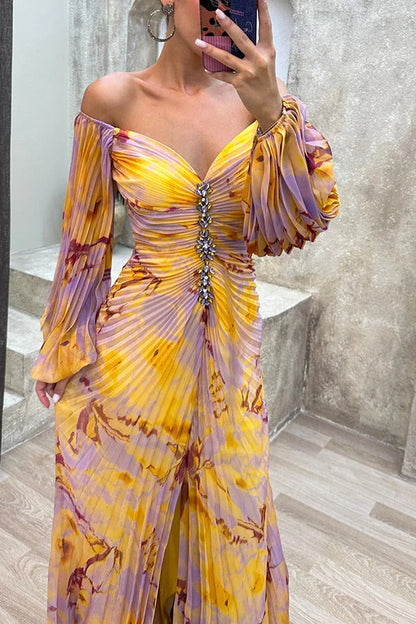 CD | Sunset Serenade Rochie maxi imprimată cu diamante fără umeri, cu pliuri și crăpătură