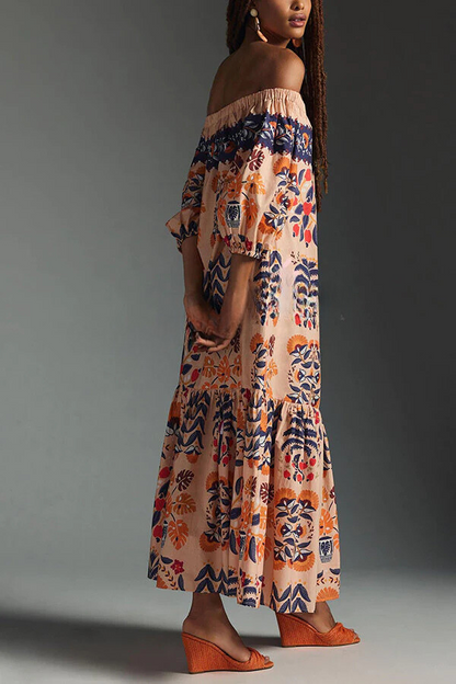 CD | Island Lover Rochie midi imprimată, fluidă, fără umeri