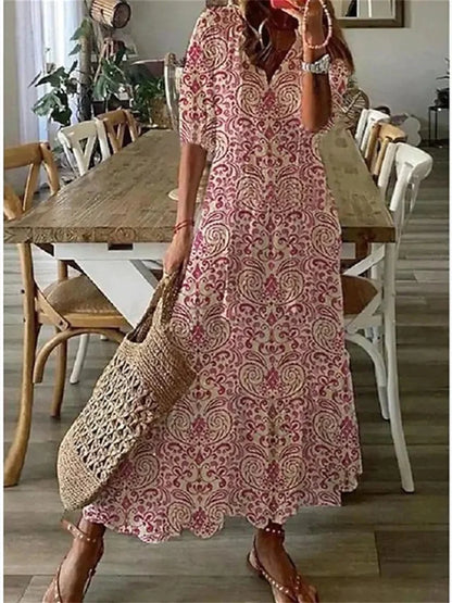 CD | Rochie maxi pentru femei - imprimeu floral - material ușor - decolteu în V - mâneci 3/4 - croială casual