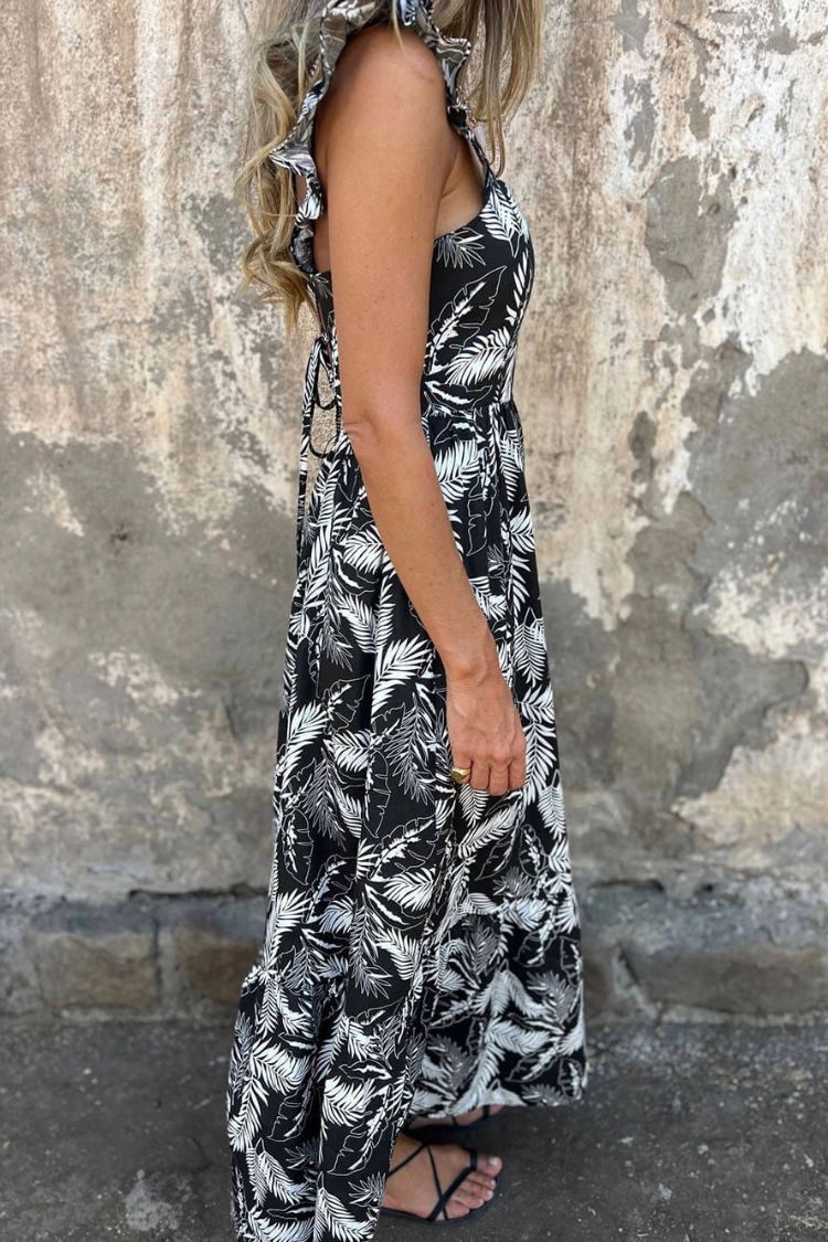 CD | Elegant hollow cravată pană imprimare mânecă volan rochie maxi