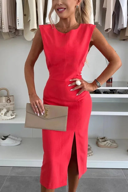 CD | Culoare solidă Decolteu rotund Fără mâneci Rochie midi slim-fit cu crăpătură