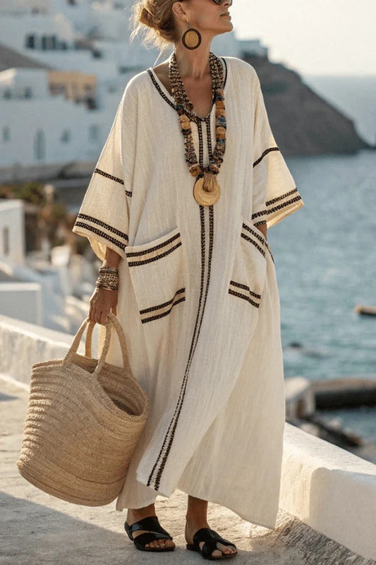 CD | Striped print V-neck Casual rochie maxi cu buzunar