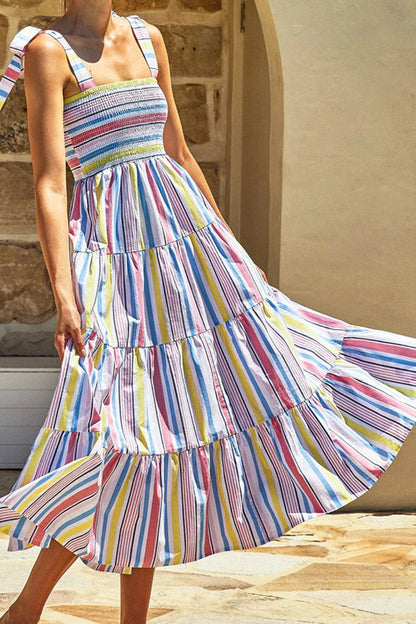 CD | Rochie maxi multicoloră cu dantelă și imprimeu cu dungi Smocked
