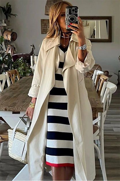 CD | Stripes Rochie midi elegantă cu decolteu în V și mâneci lungi