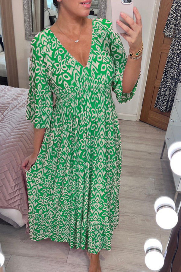 CD | Bohème casual print V-neck waist wrap rochie lungă