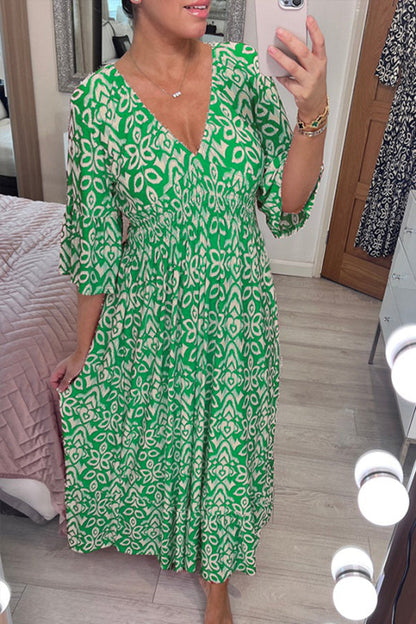 CD | Bohème casual print V-neck waist wrap rochie lungă