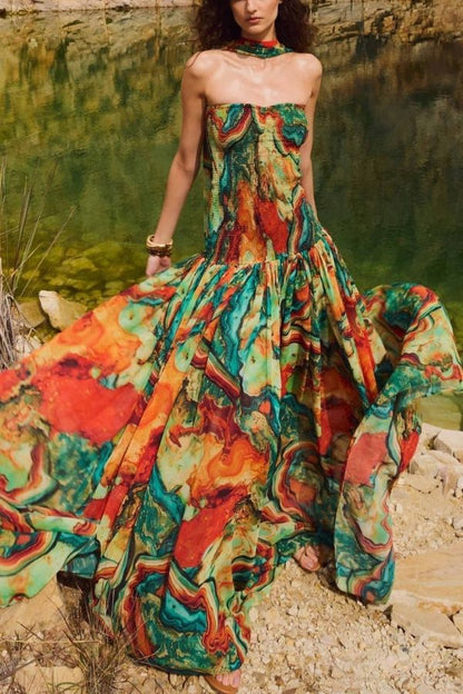 CD | Vacay Vibes Rochie maxi cu imprimare de lavă colorată, fără umeri, cu eșarfă smocked