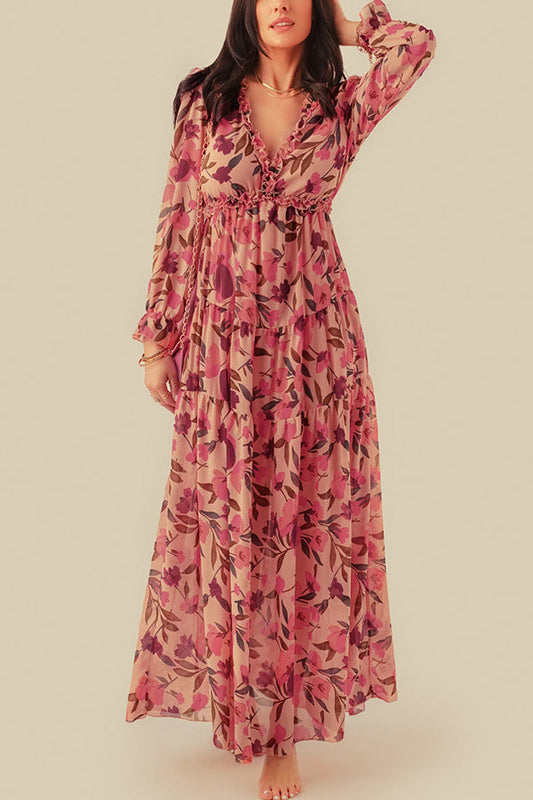 CD | Rochie maxi decoltată cu volane și imprimeu floral roșu pastel