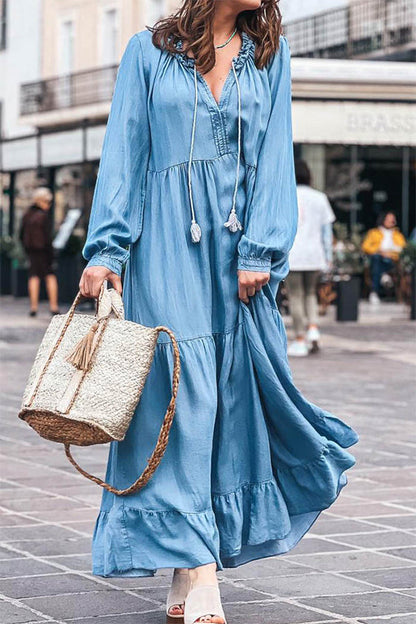 CD | Rochie maxi din denim cu mâneci lungi, decolteu în V și volane
