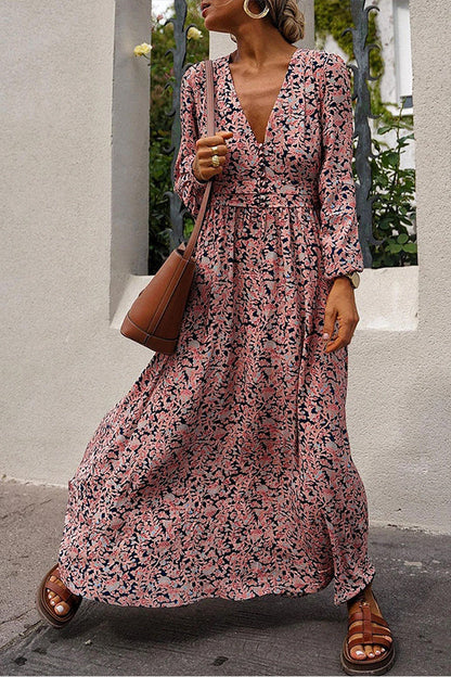 CD | Rochie maxi cu nasturi, cu imprimeu floral multicolor și decolteu plonjant