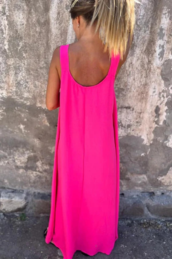 CD | Rochie Maxi solidă cu ornamente florale, fără mâneci, lejeră