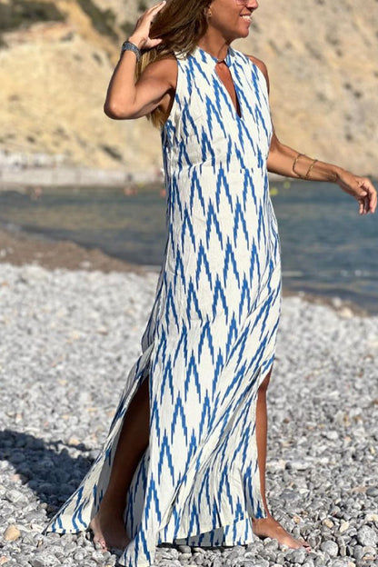 CD | Rochie lungă imprimată albastru Casual fără mâneci