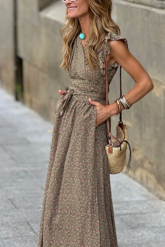 CD | V-neck Gathered cu mânecă scurtă talie-hugging rochie lungă cu model floral