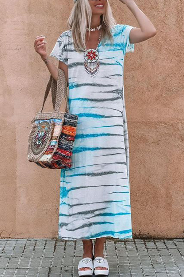 CD | V-Neck vrac scurtă maneca rochie lungă
