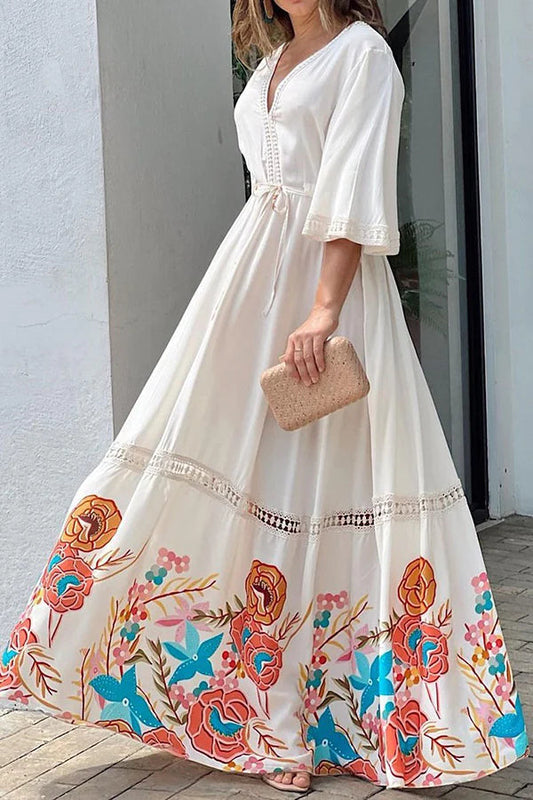 CD | Elegant unic imprimate dantelă Patchwork dantelă până rochie Maxi