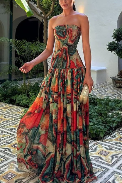 CD | Vacay Vibes Rochie maxi cu imprimare de lavă colorată, fără umeri, cu eșarfă smocked