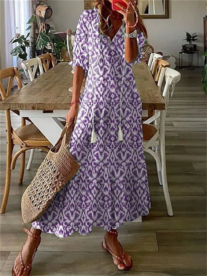 CD | Rochie maxi pentru femei - imprimeu floral - material ușor - decolteu în V - mâneci 3/4 - croială casual