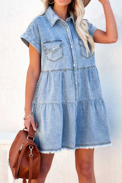 CD | Buton cu tiv crud în jos rochie mini din denim
