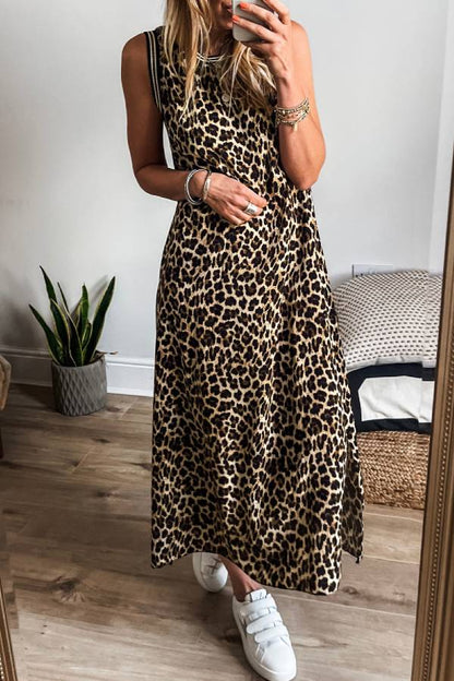 CD | Rochie midi fără mâneci cu imprimeu leopard cu dungi contrastante negre