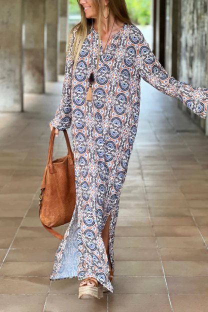 CD | Fantă imprimate vrac V-Neck rochie lungă
