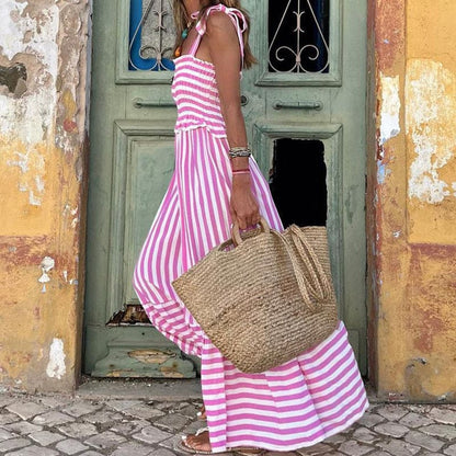 CD | Rochie maxi pentru femei - Partea de sus smocked - Bretele cravată - Fusta Tiered - Amestec respirabil