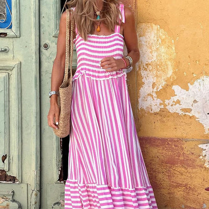 CD | Rochie maxi pentru femei - Partea de sus smocked - Bretele cravată - Fusta Tiered - Amestec respirabil