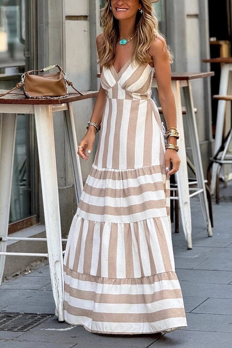 CD | vară dungi imprimare patchwork rochie maxi cu volane fără spate