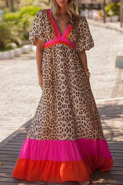 CD | Rochie maxi roz deschis cu decolteu în V și imprimeu leopard colorblock