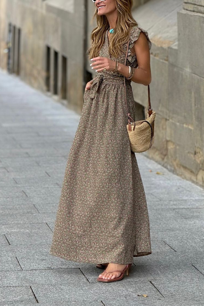 CD | V-neck Gathered cu mânecă scurtă talie-hugging rochie lungă cu model floral
