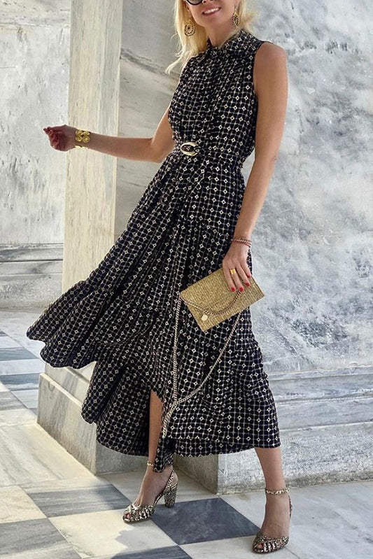 CD | Rochie midi montată fără mâneci cu rever cu imprimeu unic