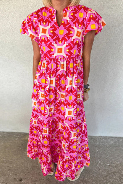 CD | Strawberry Pink Rochie maxi plisată cu mâneci bufante, cu imprimeu abstract